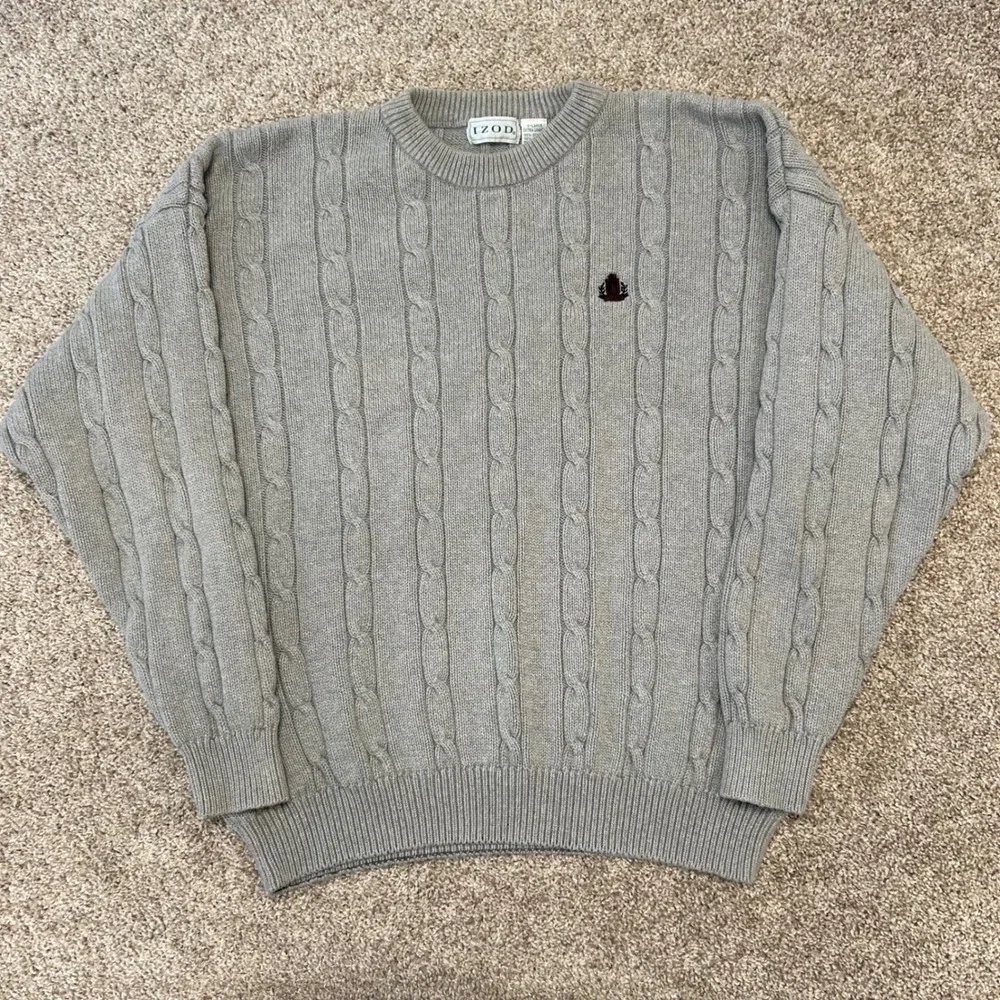 Vintage Izod Cable Knit Crewneck Sweater Men‎ Size XL Gray Cotton Preppy